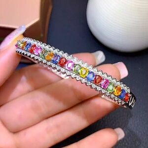 Vintage Natural Multicolor Sapphire Bangle Bracelet White Gold Plated